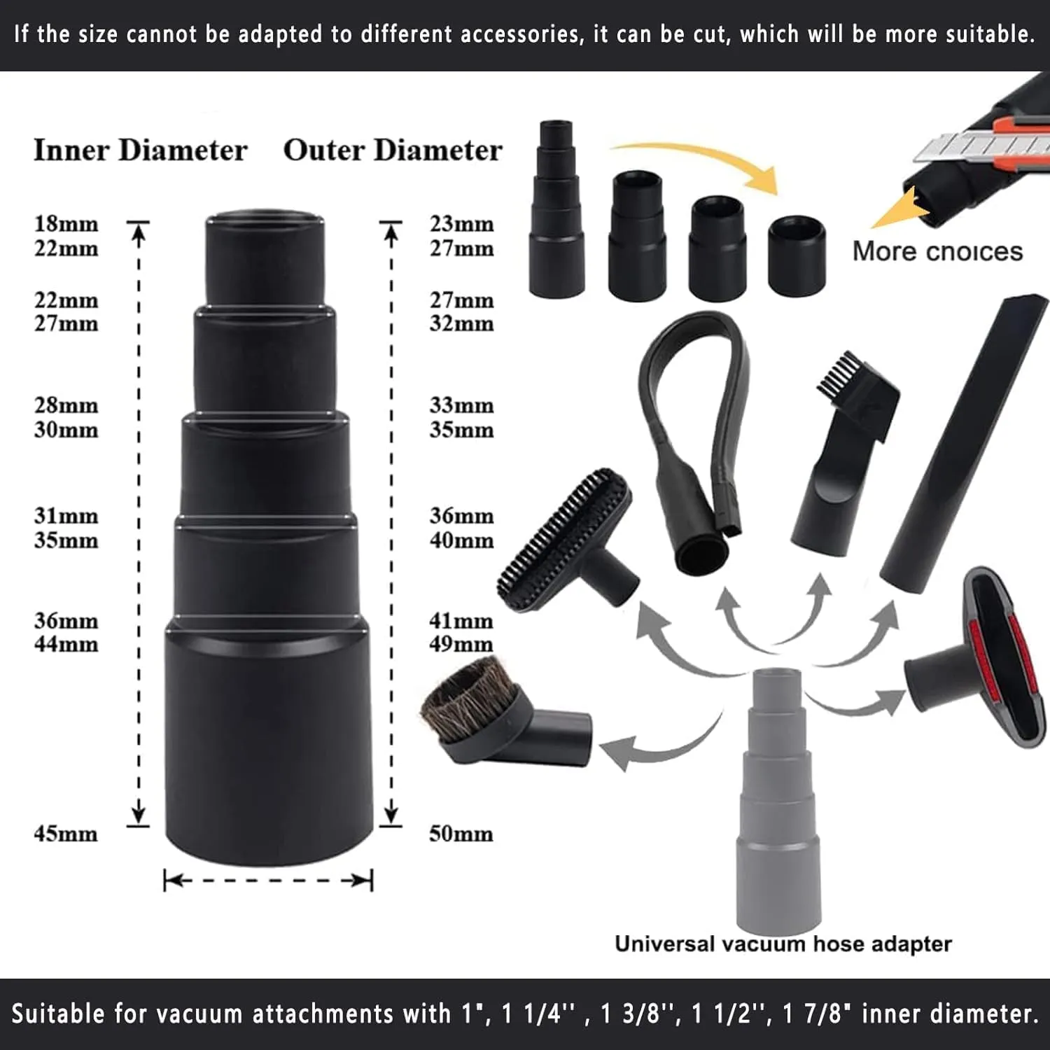 10PCS Universal Vacuum Attachments Kit Wet Dry Plastic Vacuum Hose Adapter 1-1/4" Vacuum Cleaners Accessories with Horse Hair Brush Flexible Crevice Tool Adapter for Shop Vac Accessories