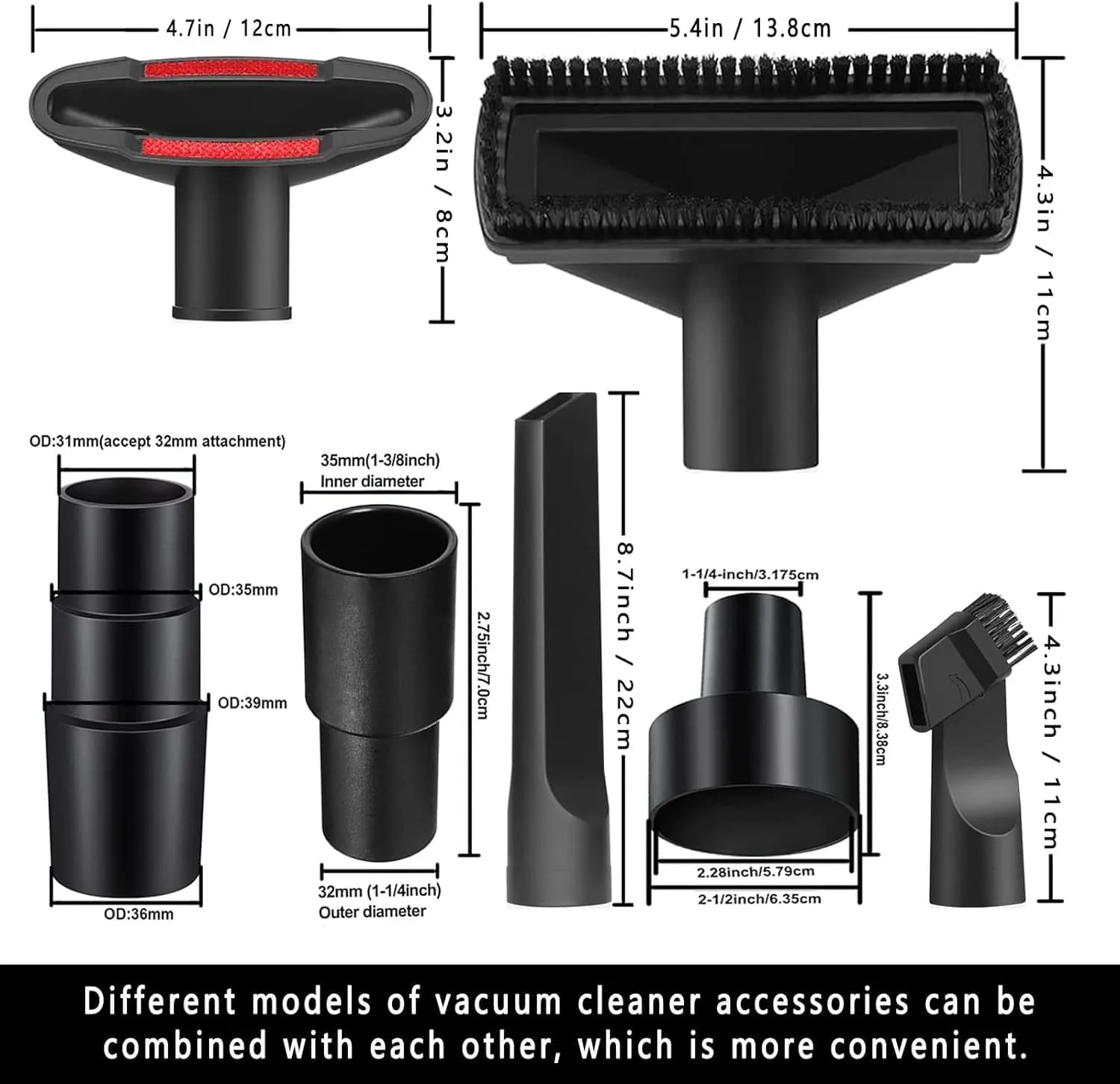 10PCS Universal Vacuum Attachments Kit Wet Dry Plastic Vacuum Hose Adapter 1-1/4" Vacuum Cleaners Accessories with Horse Hair Brush Flexible Crevice Tool Adapter for Shop Vac Accessories