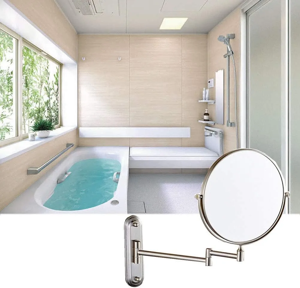 6/8-Inch Wall Mounted Makeup Mirror, Two-Sided Swivel Wall Mount Mirror, 3/5/7/10x Magnification, 360 Degree Swivel, Extendable Arm, Round, Nickel, No Light(8in,3X)