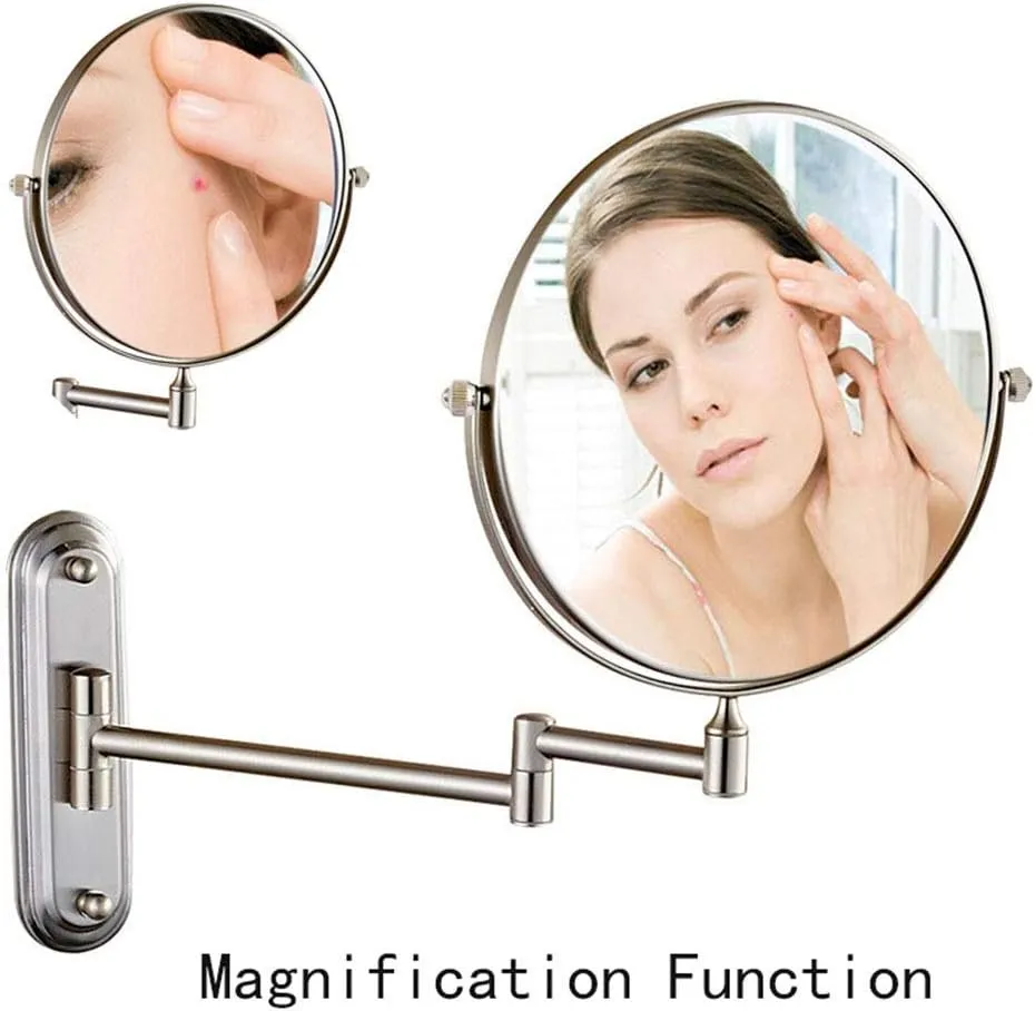 6/8-Inch Wall Mounted Makeup Mirror, Two-Sided Swivel Wall Mount Mirror, 3/5/7/10x Magnification, 360 Degree Swivel, Extendable Arm, Round, Nickel, No Light(8in,3X)