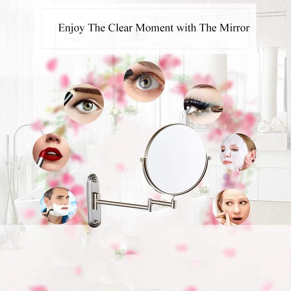6/8-Inch Wall Mounted Makeup Mirror, Two-Sided Swivel Wall Mount Mirror, 3/5/7/10x Magnification, 360 Degree Swivel, Extendable Arm, Round, Nickel, No Light(8in,3X)