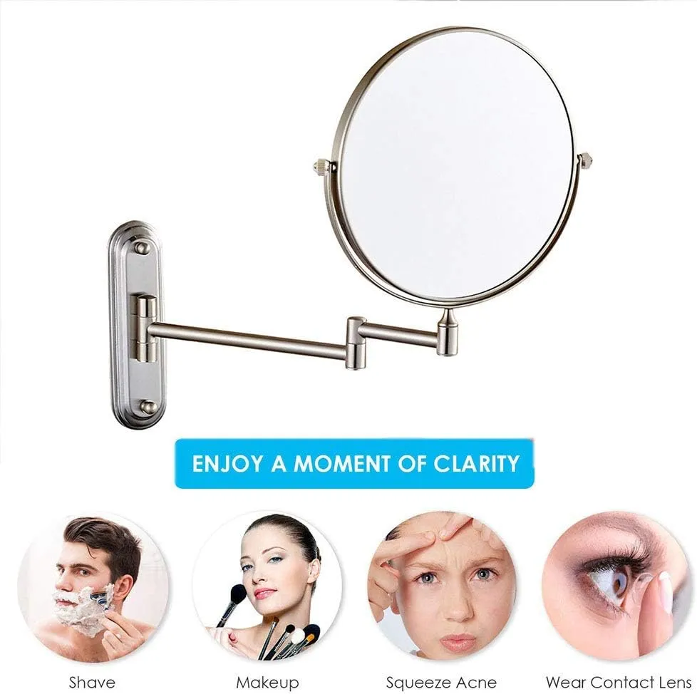 6/8-Inch Wall Mounted Makeup Mirror, Two-Sided Swivel Wall Mount Mirror, 3/5/7/10x Magnification, 360 Degree Swivel, Extendable Arm, Round, Nickel, No Light(8in,3X)