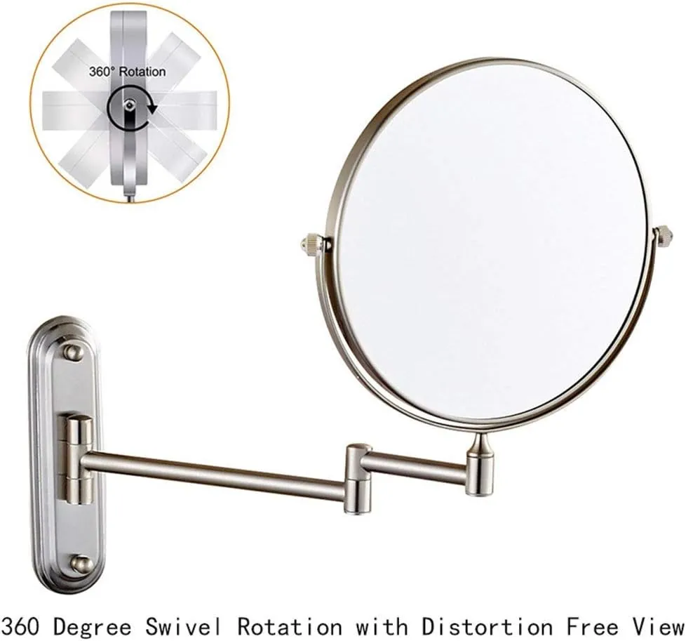6/8-Inch Wall Mounted Makeup Mirror, Two-Sided Swivel Wall Mount Mirror, 3/5/7/10x Magnification, 360 Degree Swivel, Extendable Arm, Round, Nickel, No Light(8in,3X)