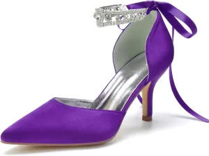 8CM Women's Bridal Stiletto Heel Wedding Crystal Ankle Strap Sandal Shoes Zipper Back Pumps Satin Pointed Toe Formal Party Prom Evening