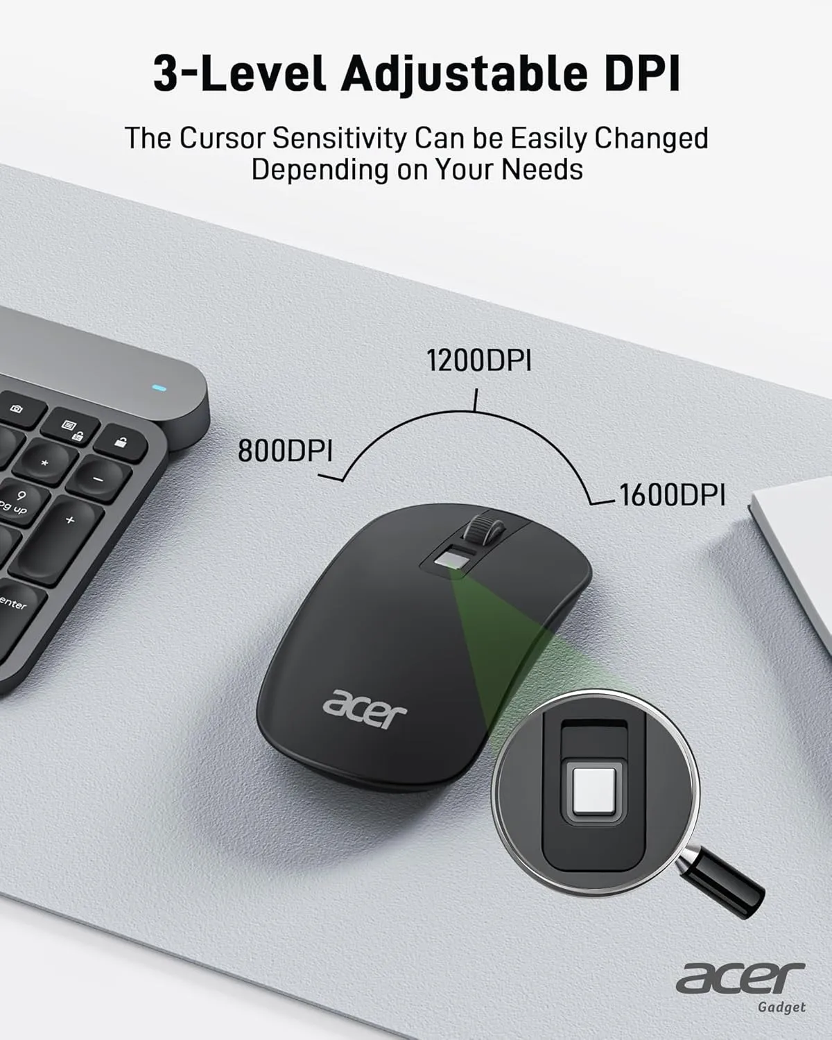 acer Computer Mouse Wireless, 2.4G Slim USB Wireless Mice with USB Receiver, 800/1200/1600 Adjustable DPI Optical Laptop Mouse with 4 Buttons, Portable for Laptop, Desktop, PC