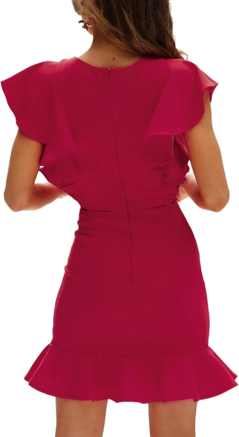 AIMCOO Women's Summer Flutter Sleeves Mini Dress Crewneck Ruffle Hem Casual Mini Dresses Elegant Solid Bodycon Dress