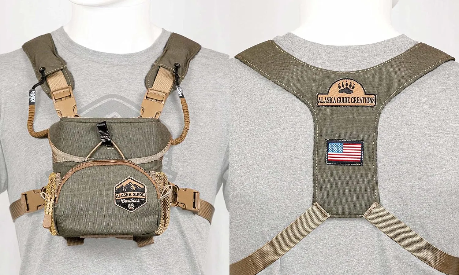 Alaska Guide Creations Hybrid Binocular Pack | Compact Utility Bag with Mesh Side Pockets | Binocular Harness for Comfort and Quick Access (Coyote Brown)