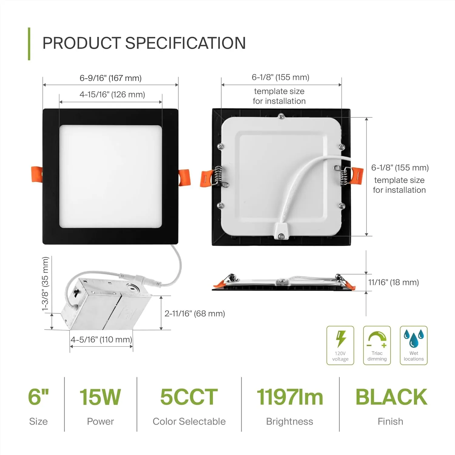 ASD 6 Pack LED Square Recessed Lighting 6 Inch, 5 CCT 2700K-5000K CRI90 , 15W 60W Eqv, Ultra Thin Dimmable Ceiling Lights with J Box, Canless Wafer Downlight, Slim Panel Light, UL Energy Star, Black