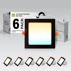 ASD 6 Pack LED Square Recessed Lighting 6 Inch, 5 CCT 2700K-5000K CRI90 , 15W 60W Eqv, Ultra Thin Dimmable Ceiling Lights with J Box, Canless Wafer Downlight, Slim Panel Light, UL Energy Star, Black