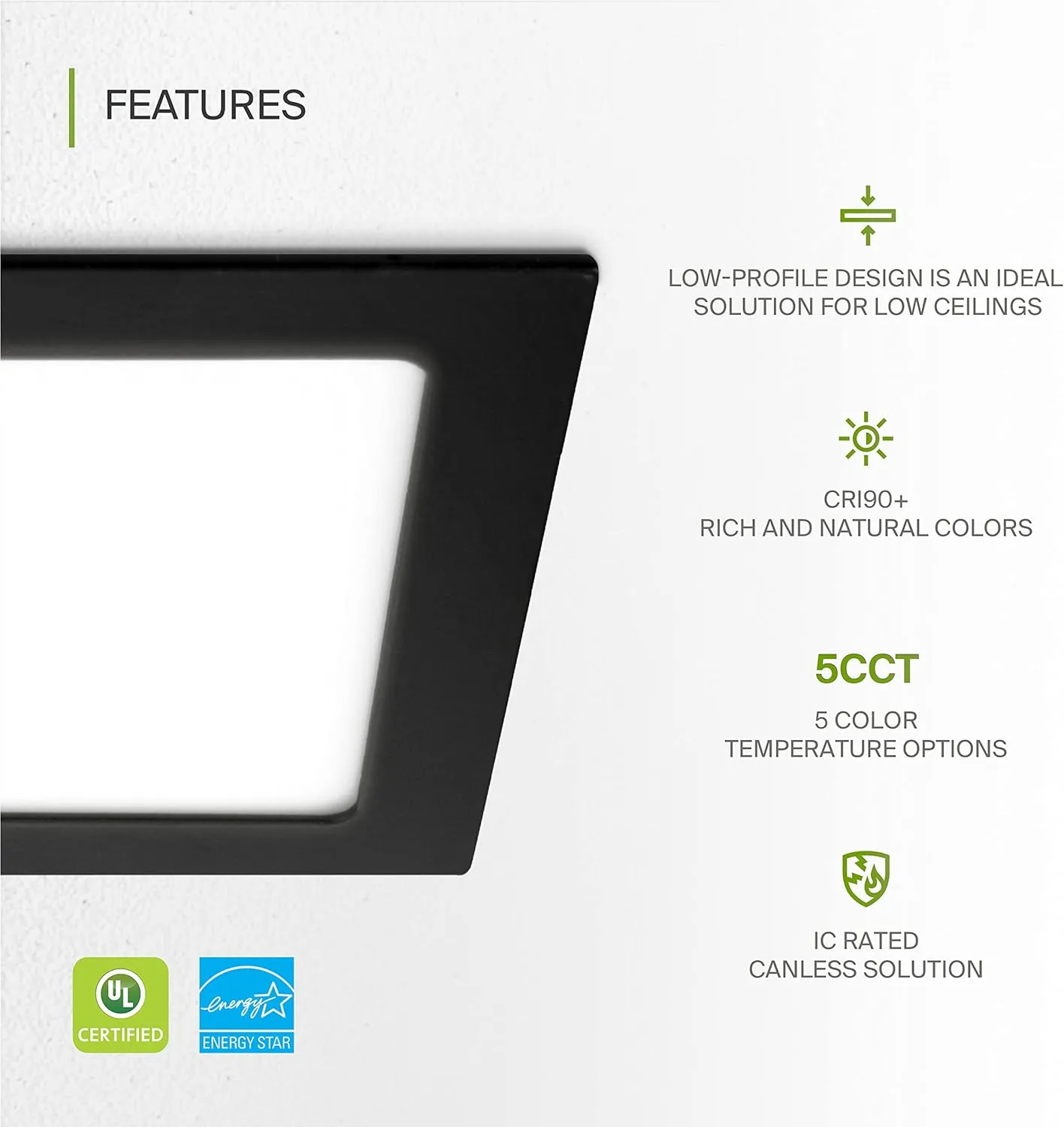 ASD 6 Pack LED Square Recessed Lighting 6 Inch, 5 CCT 2700K-5000K CRI90 , 15W 60W Eqv, Ultra Thin Dimmable Ceiling Lights with J Box, Canless Wafer Downlight, Slim Panel Light, UL Energy Star, Black