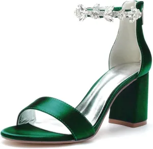 Block Heel Wedding Sandals Open Toe Rhinestones Heeled Sandal Shoes Women Bridal Heels