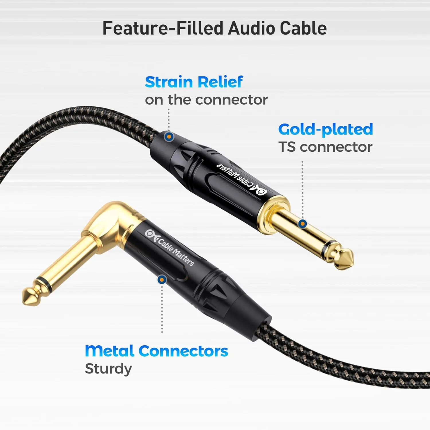 Cable Matters Braided 2-Pack 1/4 Inch TS Right Angle Electric Instrument Cable - 10 Feet Straight to Right Angle, Compatible with Guitar, Bass, Amp, Mixer, Equalizer