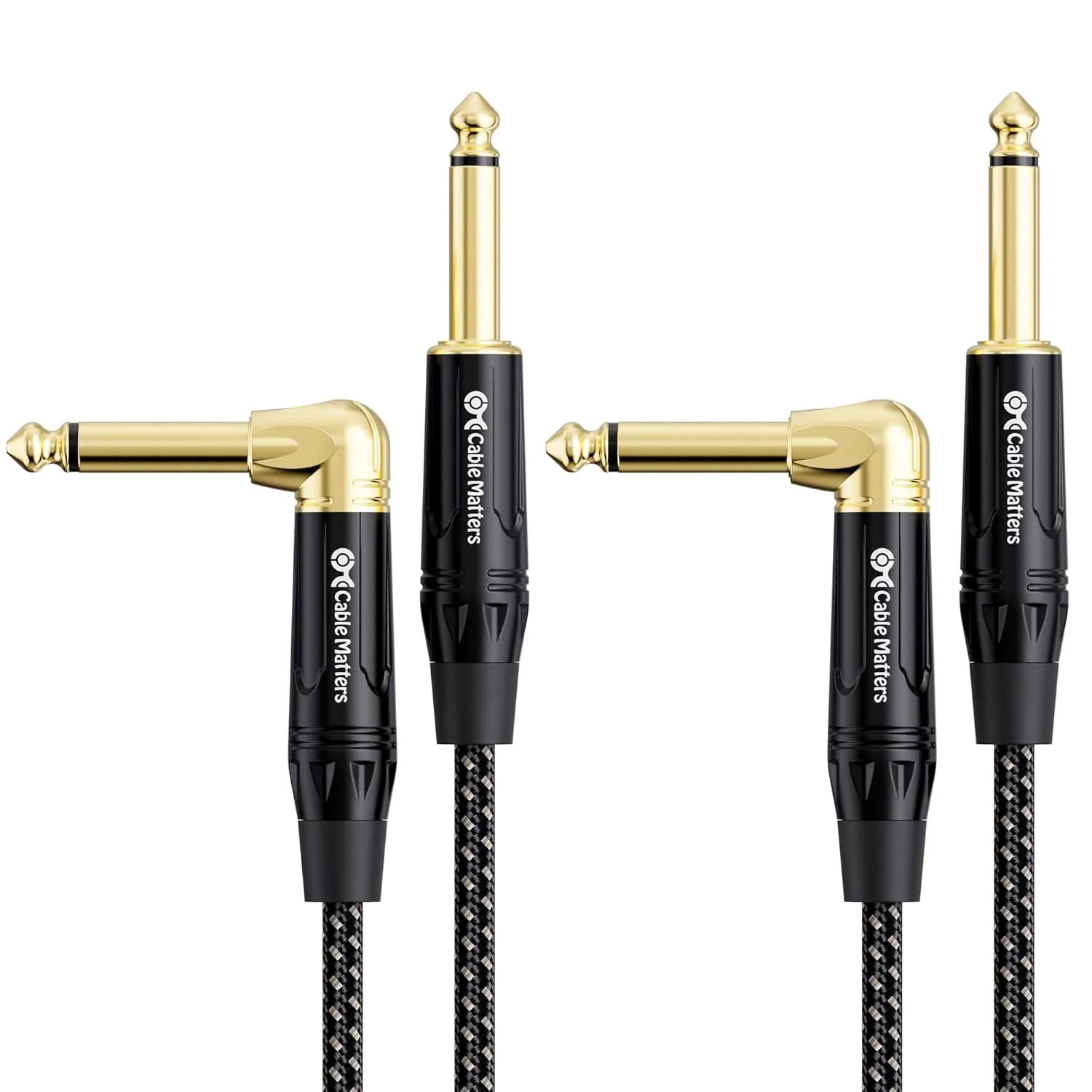Cable Matters Braided 2-Pack 1/4 Inch TS Right Angle Electric Instrument Cable - 10 Feet Straight to Right Angle, Compatible with Guitar, Bass, Amp, Mixer, Equalizer