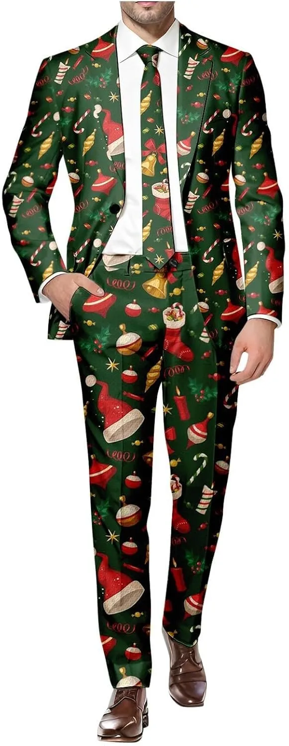 Christmas Suit for Men 2 Piece trajes navideños para Hombre Funny Snowflake Print Holiday Party Suits Festive Outfits