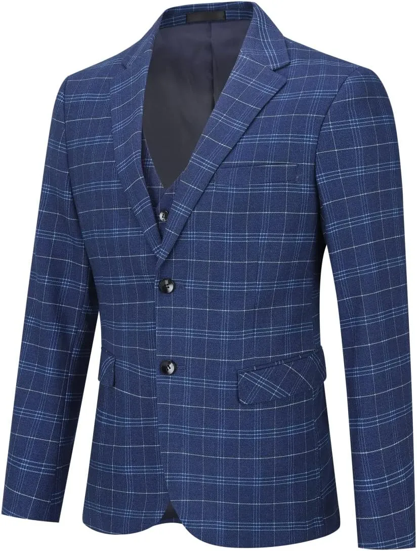 Cloudstyle Mens 3-Piece Plaid Suit Set Modern Fit Jacket Tux Blazer Vest Pants