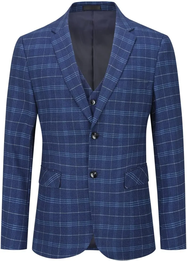 Cloudstyle Mens 3-Piece Plaid Suit Set Modern Fit Jacket Tux Blazer Vest Pants