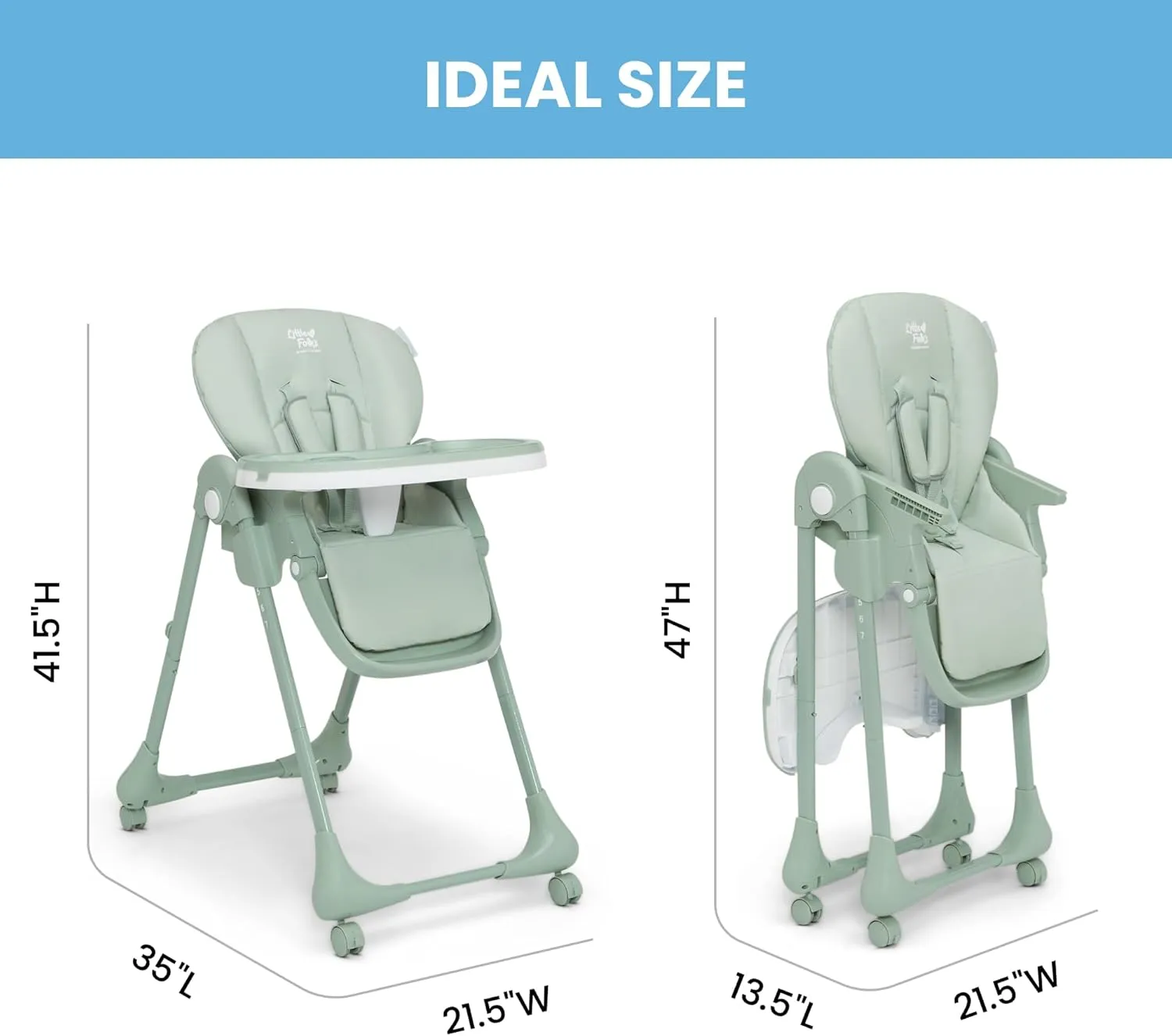 Delta Children Little Folks 2-in-1 SlimFold High Chair for Babies and Toddlers, Sage Green