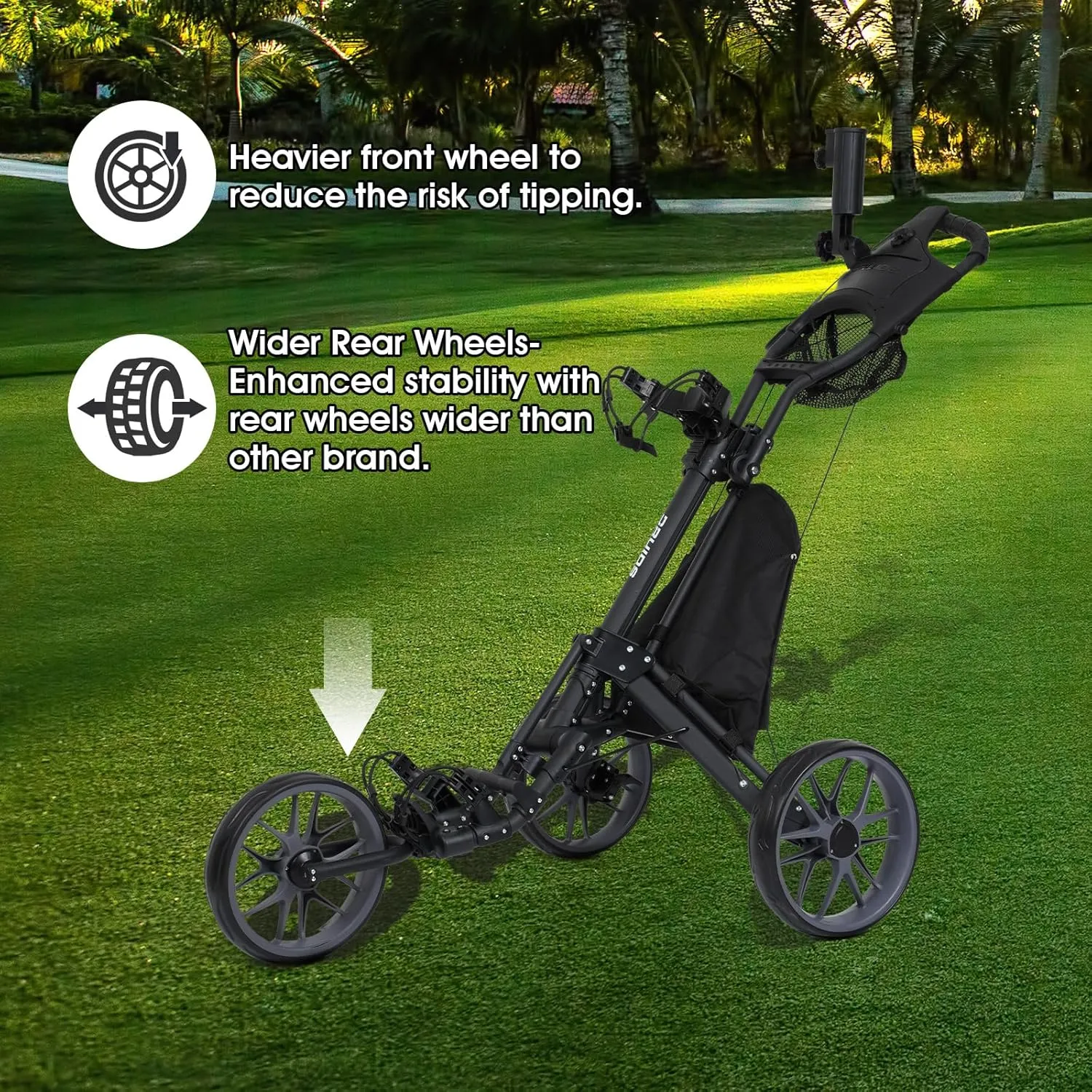 DRUIDS 3 Wheel Golf Push Cart : Lightweight Compact Golf Walking Cart with Cooler, Flat Fold Golf Trolley with Brake, Pull Behind Manual Golf Caddy with Cup Umbrella Holder