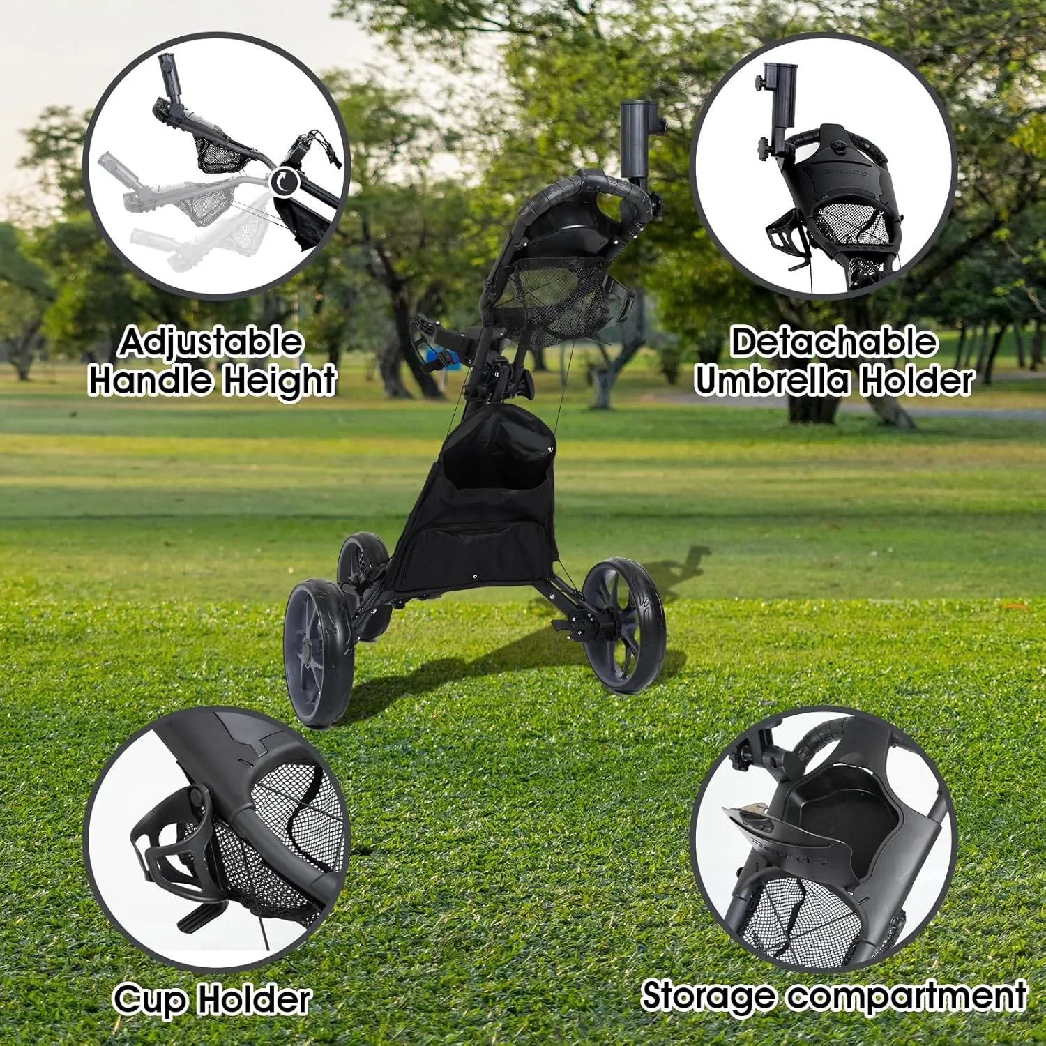 DRUIDS 3 Wheel Golf Push Cart : Lightweight Compact Golf Walking Cart with Cooler, Flat Fold Golf Trolley with Brake, Pull Behind Manual Golf Caddy with Cup Umbrella Holder