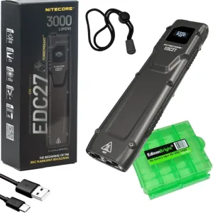 EdisonBright Nitecore EDC27 3000 Lumen USB Rechargeable Flat Slim Body LED Flashlight Charging Cable Carrying case