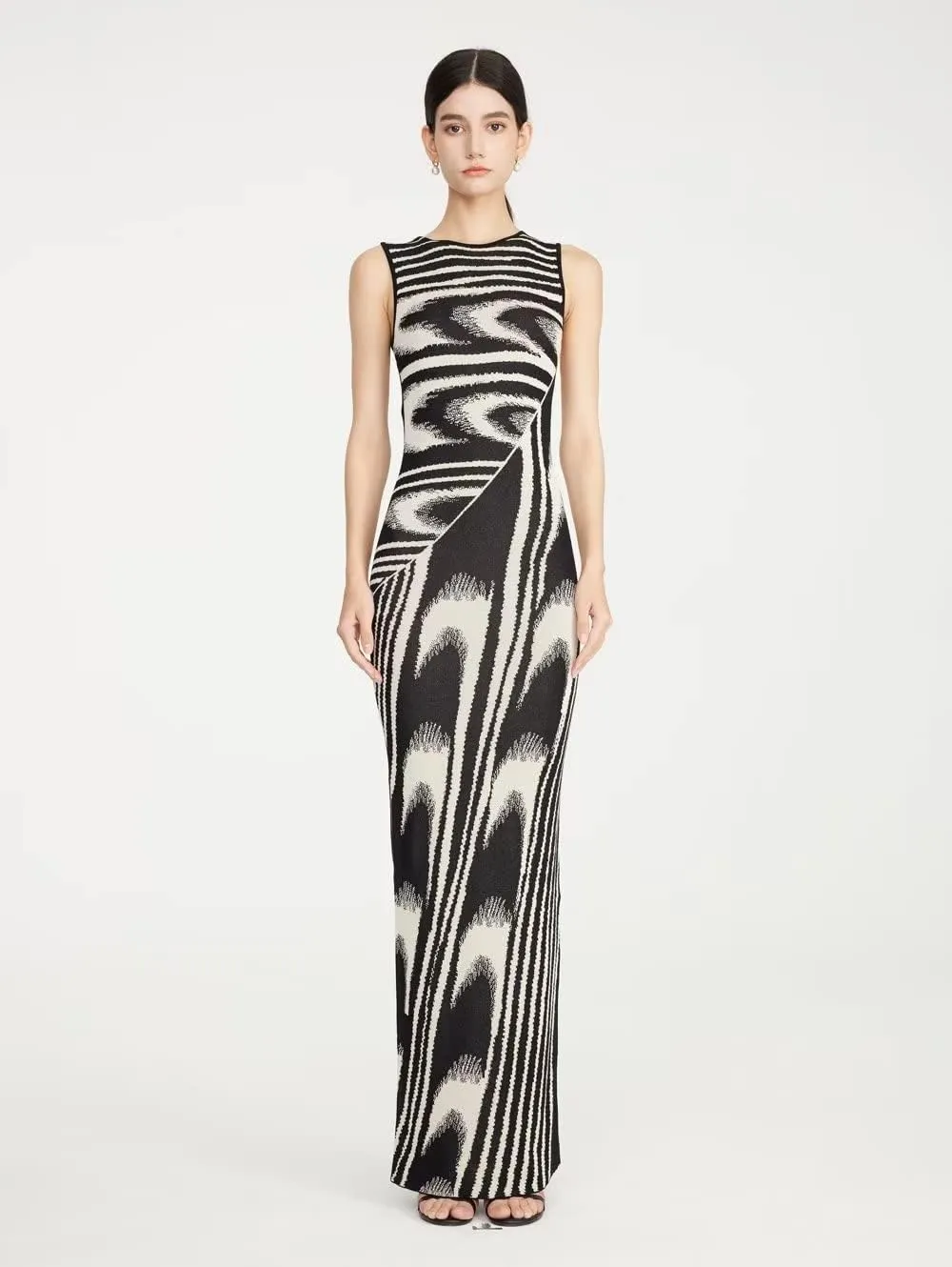 efvandoloe Summer Chic Abstract Knitted Long Dress Women Crew Neck Sleeveless Stretchable Slim Maxi Dresses