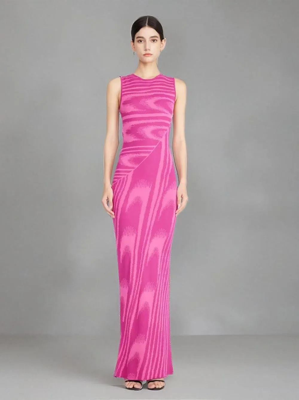 efvandoloe Summer Chic Abstract Knitted Long Dress Women Crew Neck Sleeveless Stretchable Slim Maxi Dresses