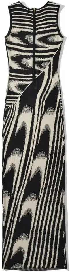 efvandoloe Summer Chic Abstract Knitted Long Dress Women Crew Neck Sleeveless Stretchable Slim Maxi Dresses