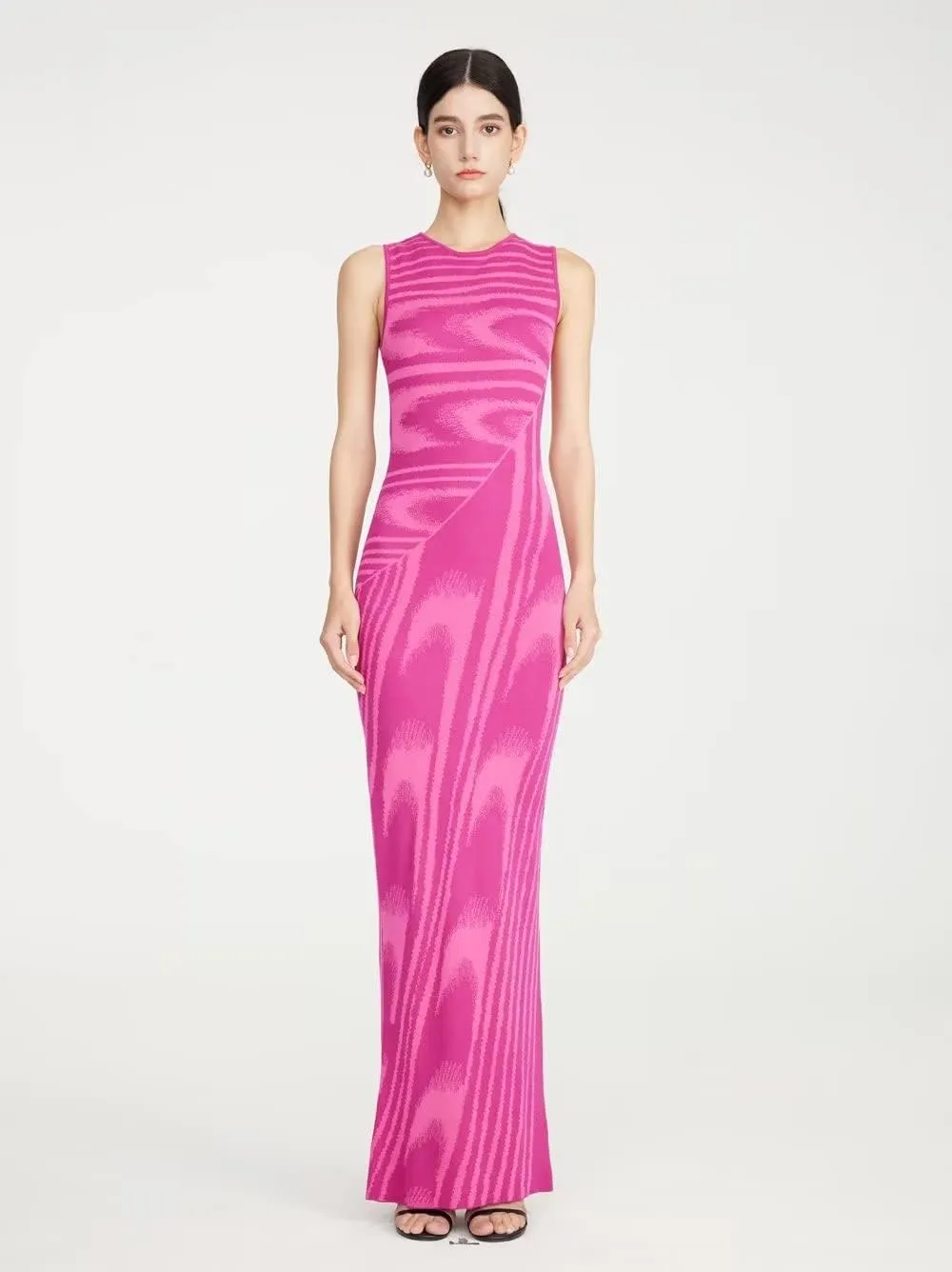 efvandoloe Summer Chic Abstract Knitted Long Dress Women Crew Neck Sleeveless Stretchable Slim Maxi Dresses
