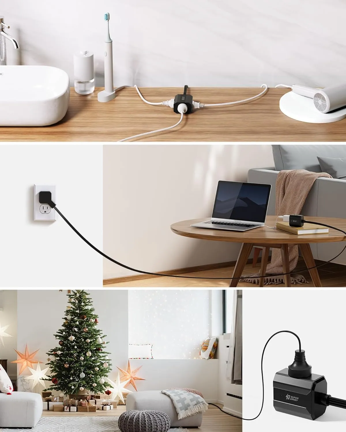 Extension Cord 6ft SUPERDANNY Mini Power Strip Ultra Right Angled Flat Plug for Tight Spaces,Indoor Extension with 3 Outlets,for Office Home Appliances,Non Surge Protector for Travel Cruise,Black