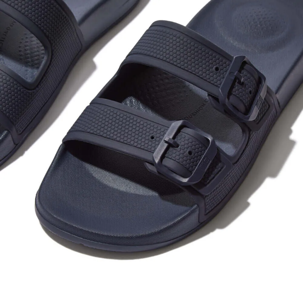 FitFlop iQUSHION TWO-BAR BUCKLE SLIDES Womens Midnight Navy