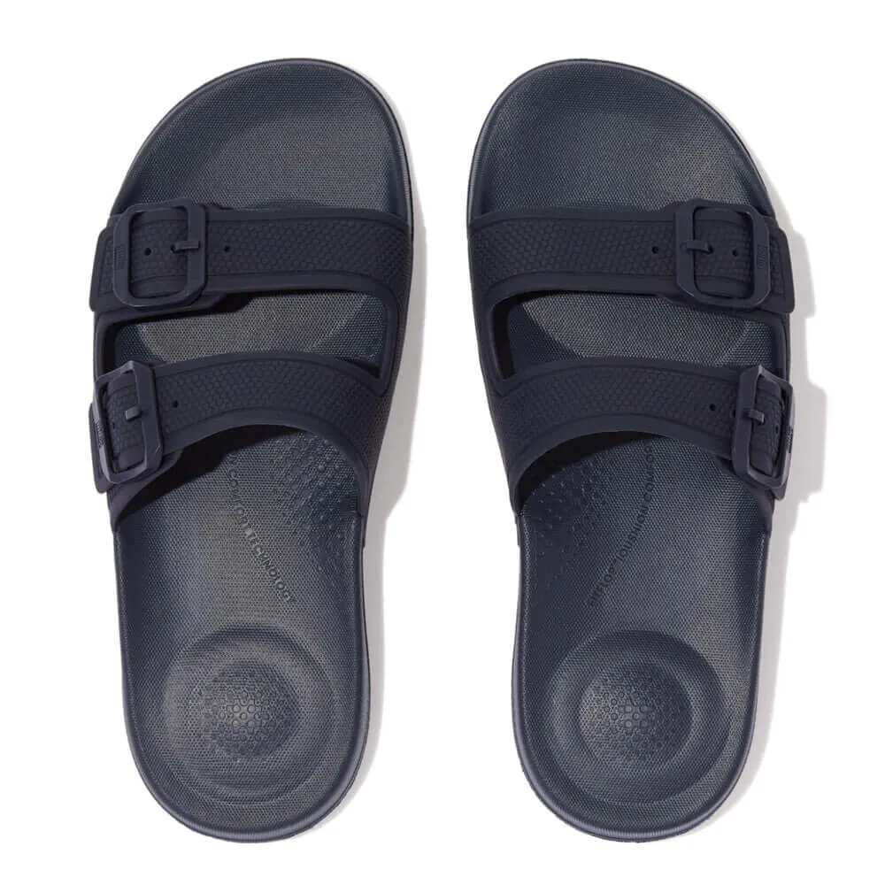 FitFlop iQUSHION TWO-BAR BUCKLE SLIDES Womens Midnight Navy