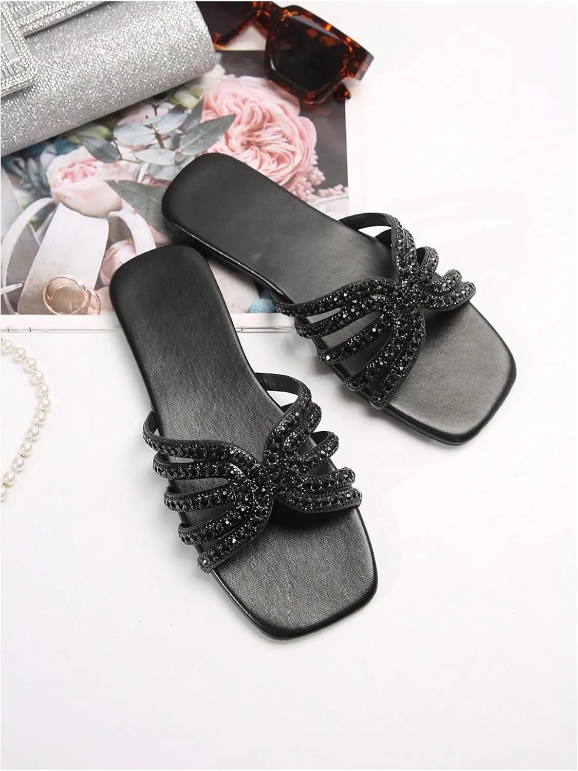 Floerns Women's Rhinestone Slide Sandal Open Toe Bridal Shoe Wedding Flat Sandal