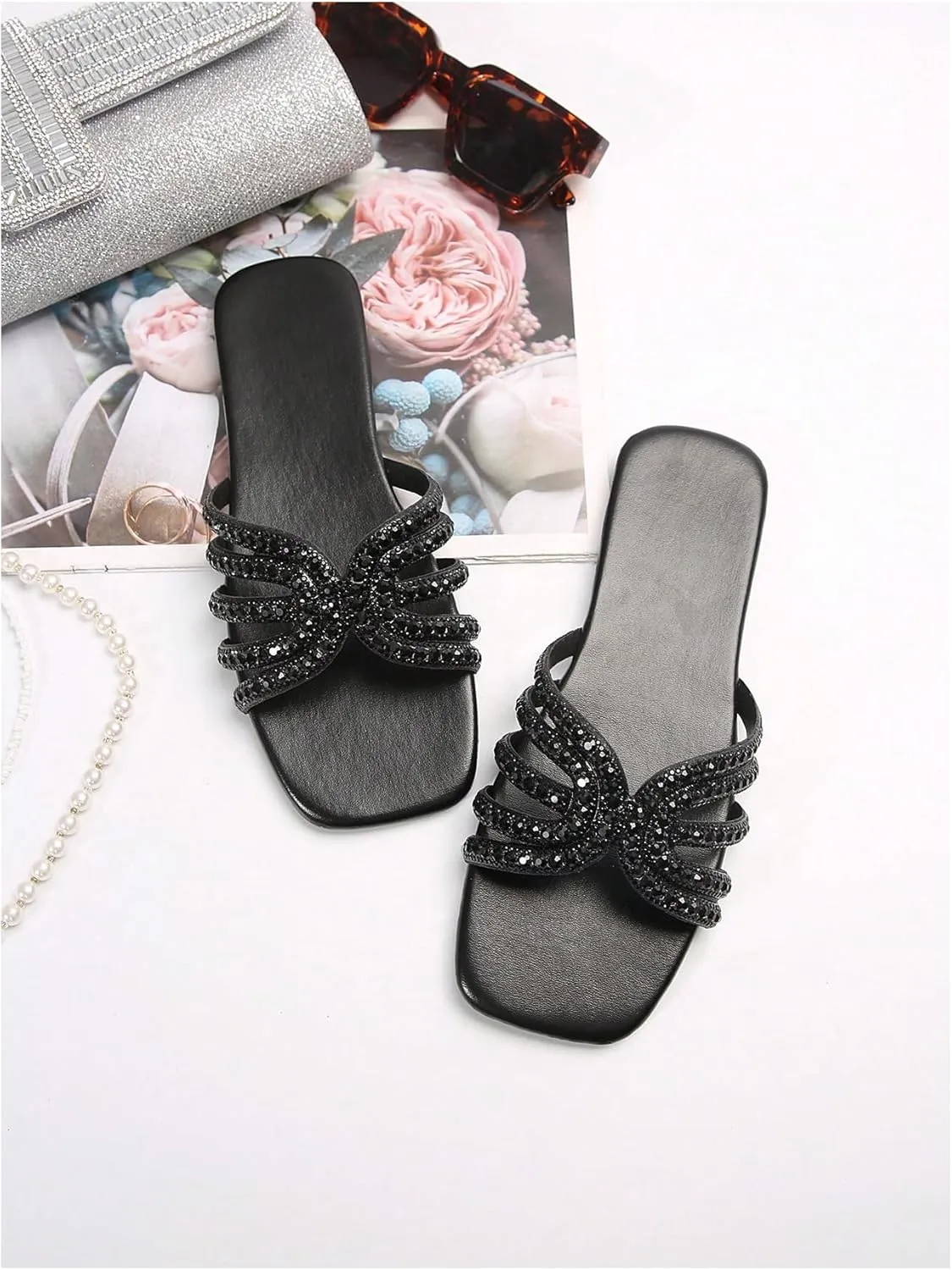 Floerns Women's Rhinestone Slide Sandal Open Toe Bridal Shoe Wedding Flat Sandal