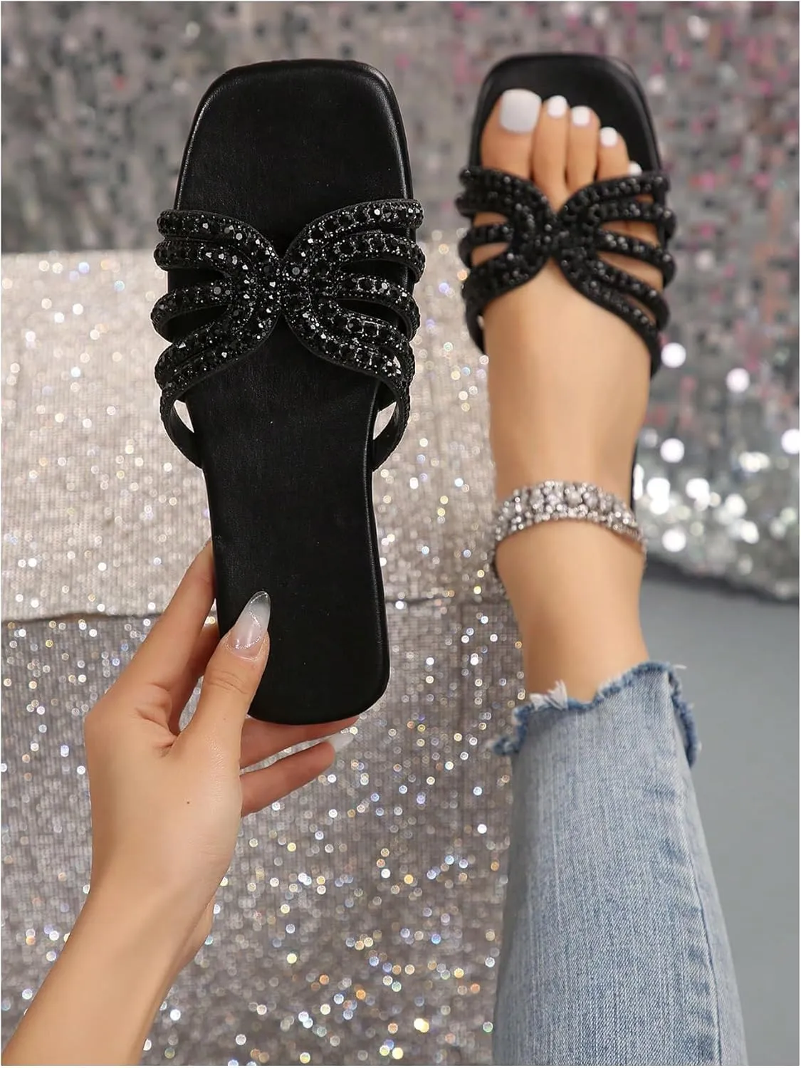 Floerns Women's Rhinestone Slide Sandal Open Toe Bridal Shoe Wedding Flat Sandal