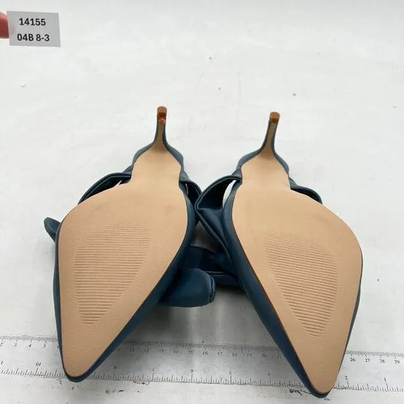 FOWT Blue Burnished Pointed Toe Slip On Mules with Bow Kitten Heel Dress Sandals