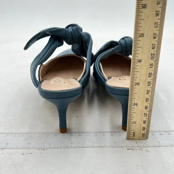 FOWT Blue Burnished Pointed Toe Slip On Mules with Bow Kitten Heel Dress Sandals