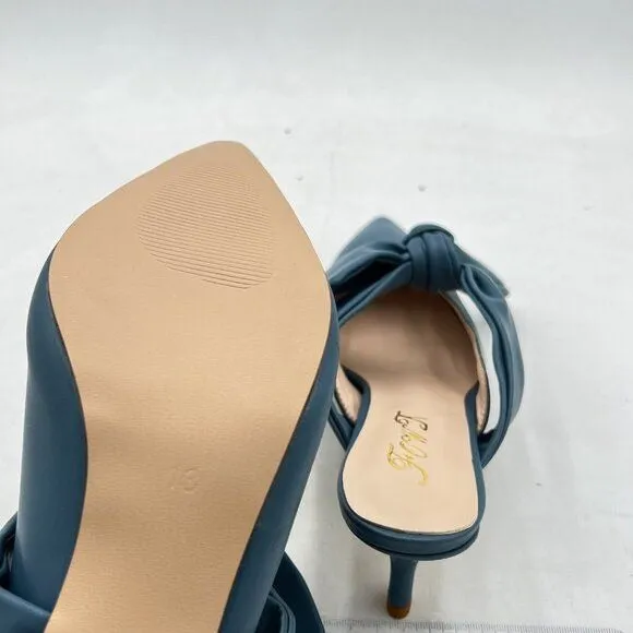 FOWT Blue Burnished Pointed Toe Slip On Mules with Bow Kitten Heel Dress Sandals