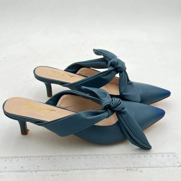 FOWT Blue Burnished Pointed Toe Slip On Mules with Bow Kitten Heel Dress Sandals