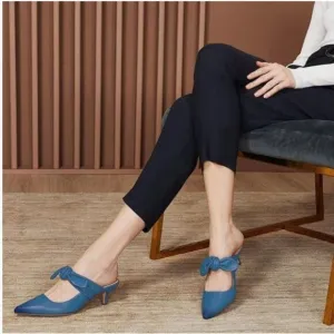 FOWT Blue Burnished Pointed Toe Slip On Mules with Bow Kitten Heel Dress Sandals