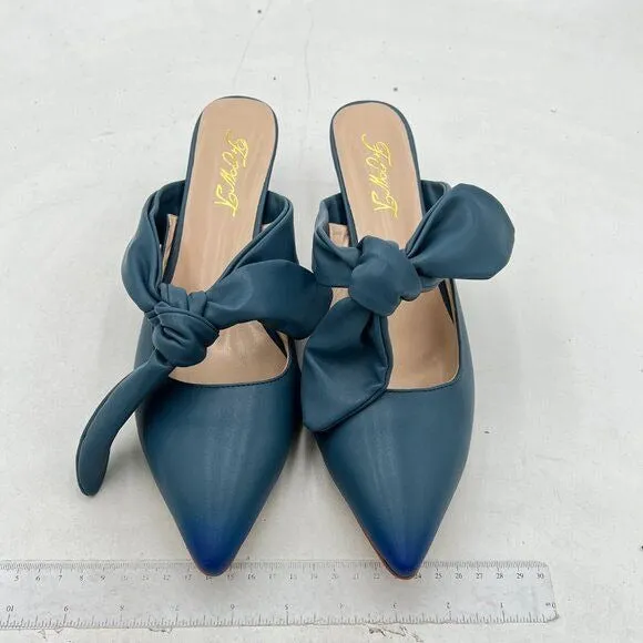 FOWT Blue Burnished Pointed Toe Slip On Mules with Bow Kitten Heel Dress Sandals