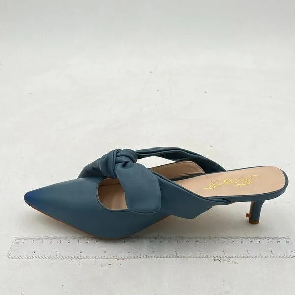 FOWT Blue Burnished Pointed Toe Slip On Mules with Bow Kitten Heel Dress Sandals