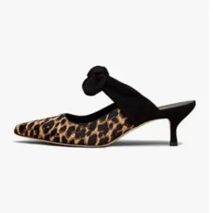 FOWT Leopard Pointed Toe Slip On Mule with Bow Kitten Heel Backless Dress Sandal