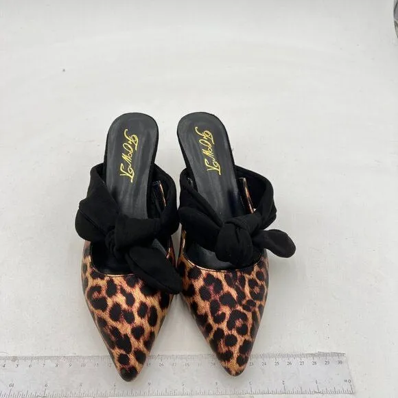FOWT Leopard Pointed Toe Slip On Mule with Bow Kitten Heel Backless Dress Sandal