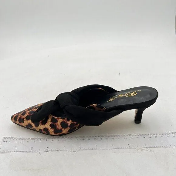 FOWT Leopard Pointed Toe Slip On Mule with Bow Kitten Heel Backless Dress Sandal