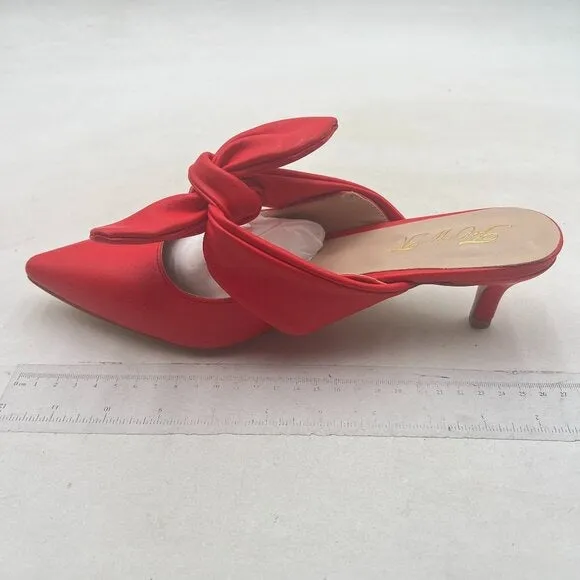 FOWT Red Pointed Toe Slip On Mules with Bow Kitten Heel Backless Sandals
