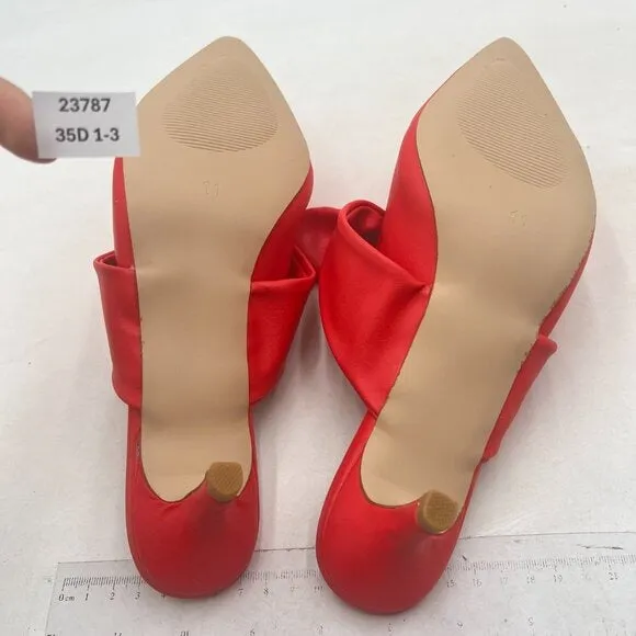 FOWT Red Pointed Toe Slip On Mules with Bow Kitten Heel Backless Sandals