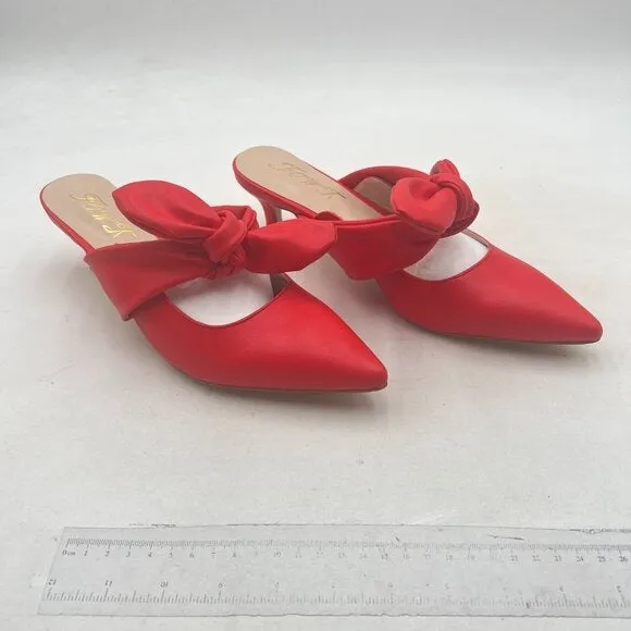 FOWT Red Pointed Toe Slip On Mules with Bow Kitten Heel Backless Sandals