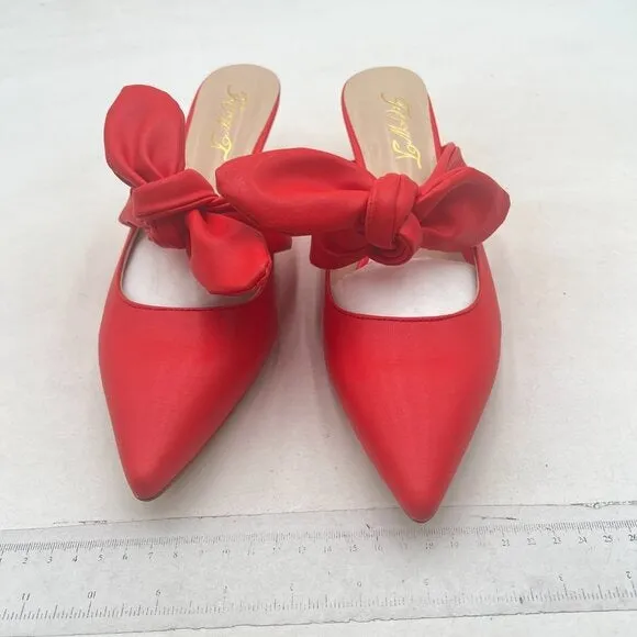 FOWT Red Pointed Toe Slip On Mules with Bow Kitten Heel Backless Sandals