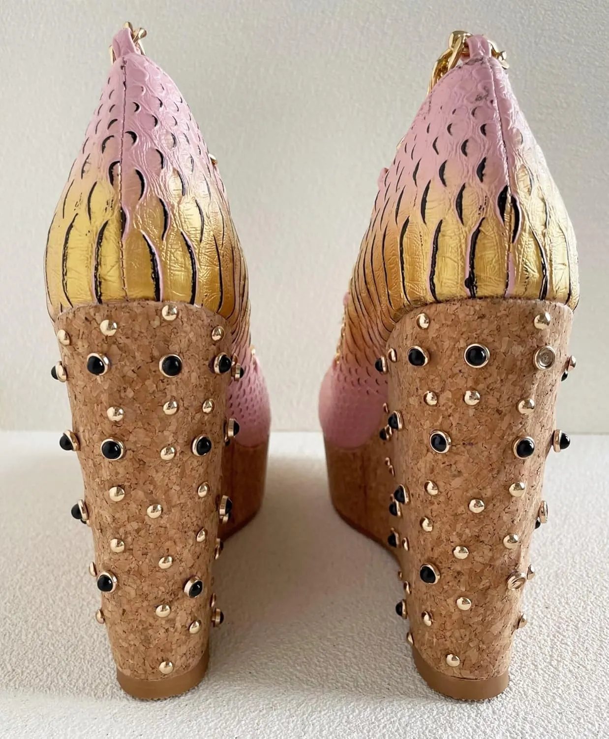 Frankie Hsu Sexy Platform Black Rhinestone Gem Wedge Pumps, Cute Gold Chain Rivet Pink High Heeled Oak Wood Sandal, Designer Mermaid Fish Scale Big Size Shoes For Women