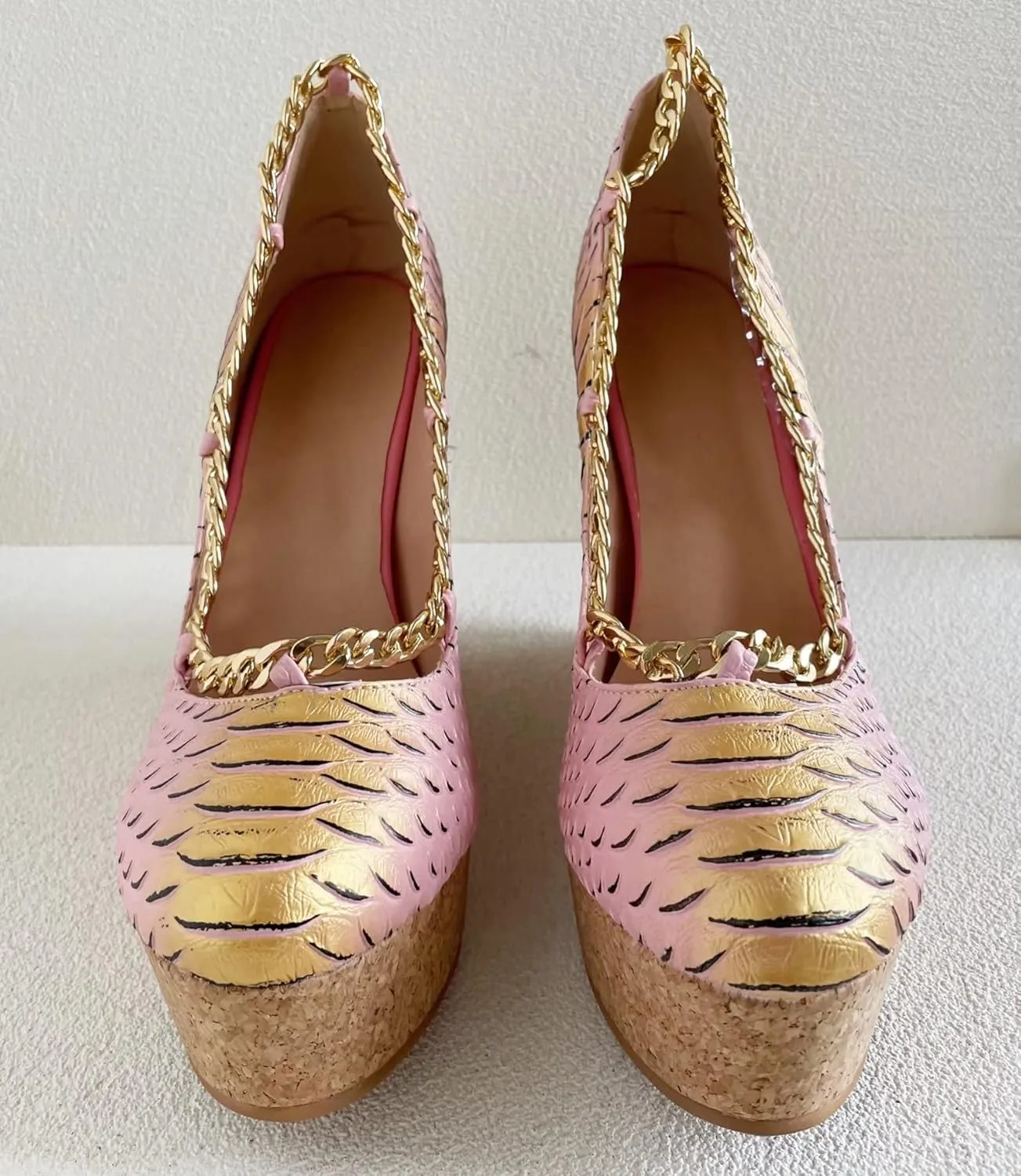 Frankie Hsu Sexy Platform Black Rhinestone Gem Wedge Pumps, Cute Gold Chain Rivet Pink High Heeled Oak Wood Sandal, Designer Mermaid Fish Scale Big Size Shoes For Women